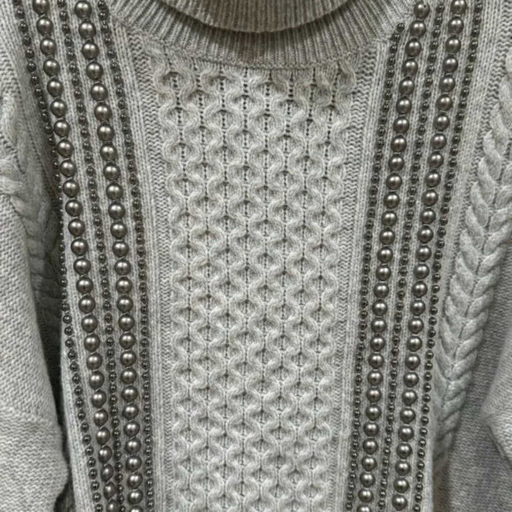 Halogen Wool Blend Turtle Neck Beaded Knit Sweater Holiday Cozy‎ Cabincore MP